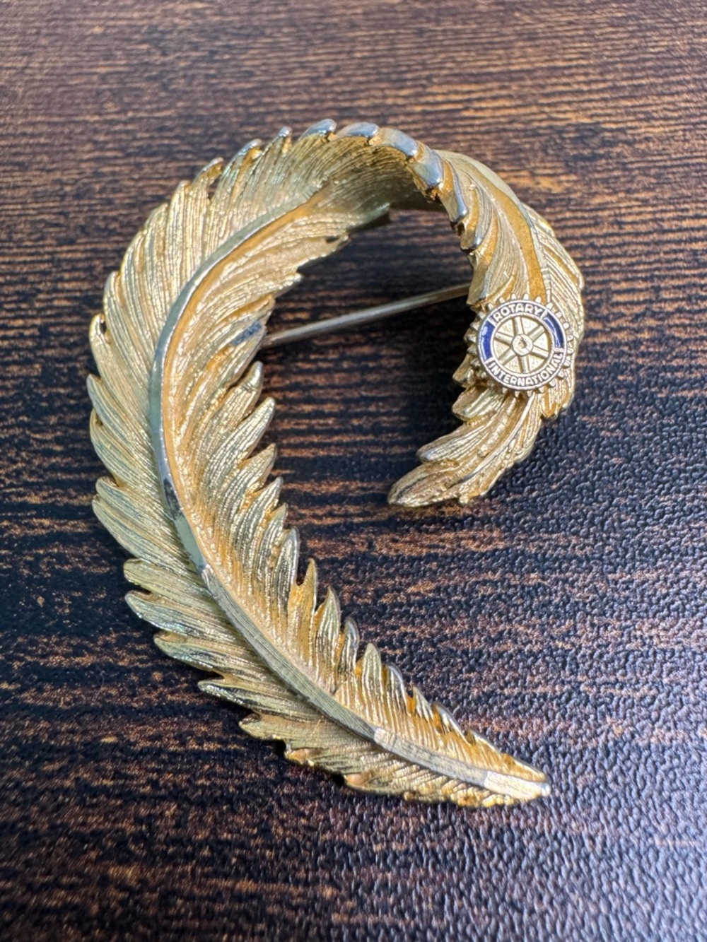 Gold Plated Feather Rotary International Pin Brooch Vintage Mid Century